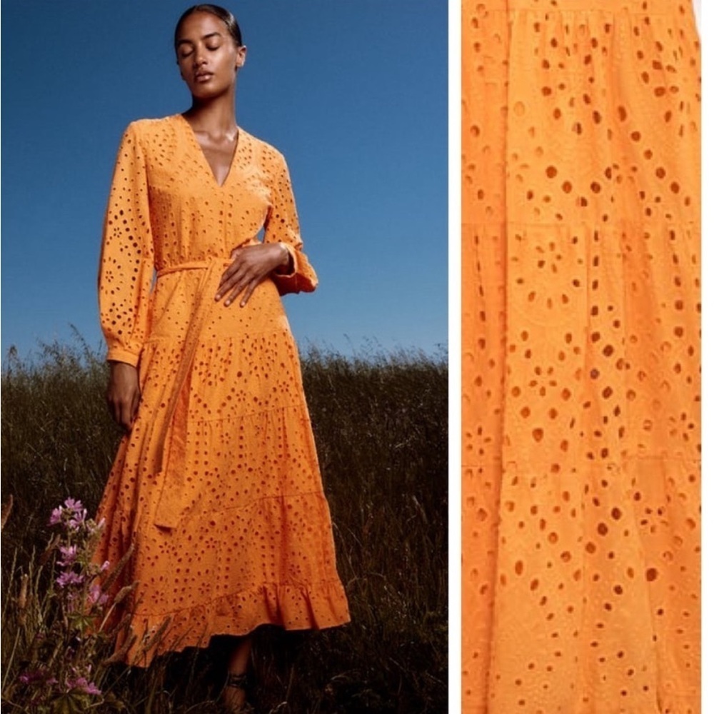 Zara‎ Orange Openwork Eyelet Embroidered Midi V-Neck Dress Sz Small NEW No Belt